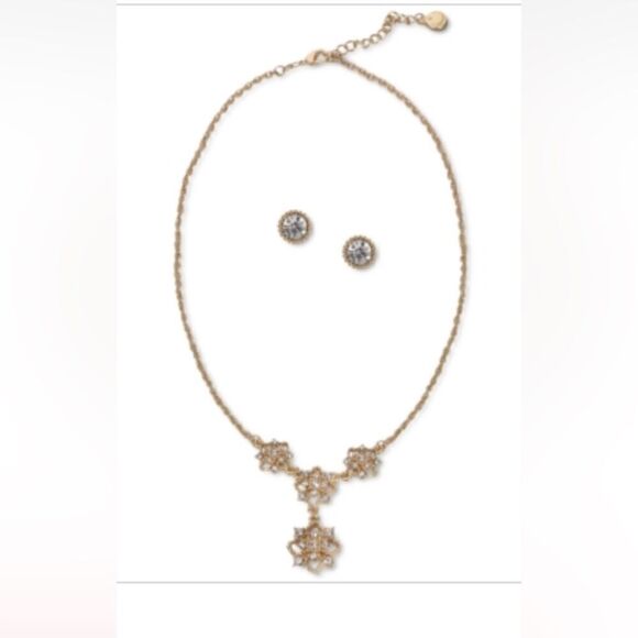 New Charter Club Gold-Tone Crystal Flower Lariat Necklace & Stud Earrings Set - Picture 1 of 5